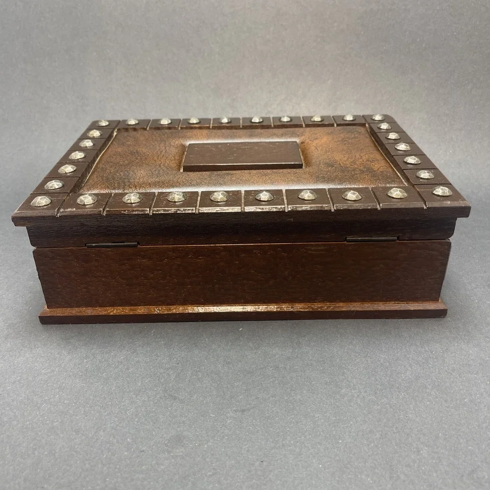 Vintage London Leather Wood & Leather Jewelry Box, Brass Studs Gold Velvet Lined